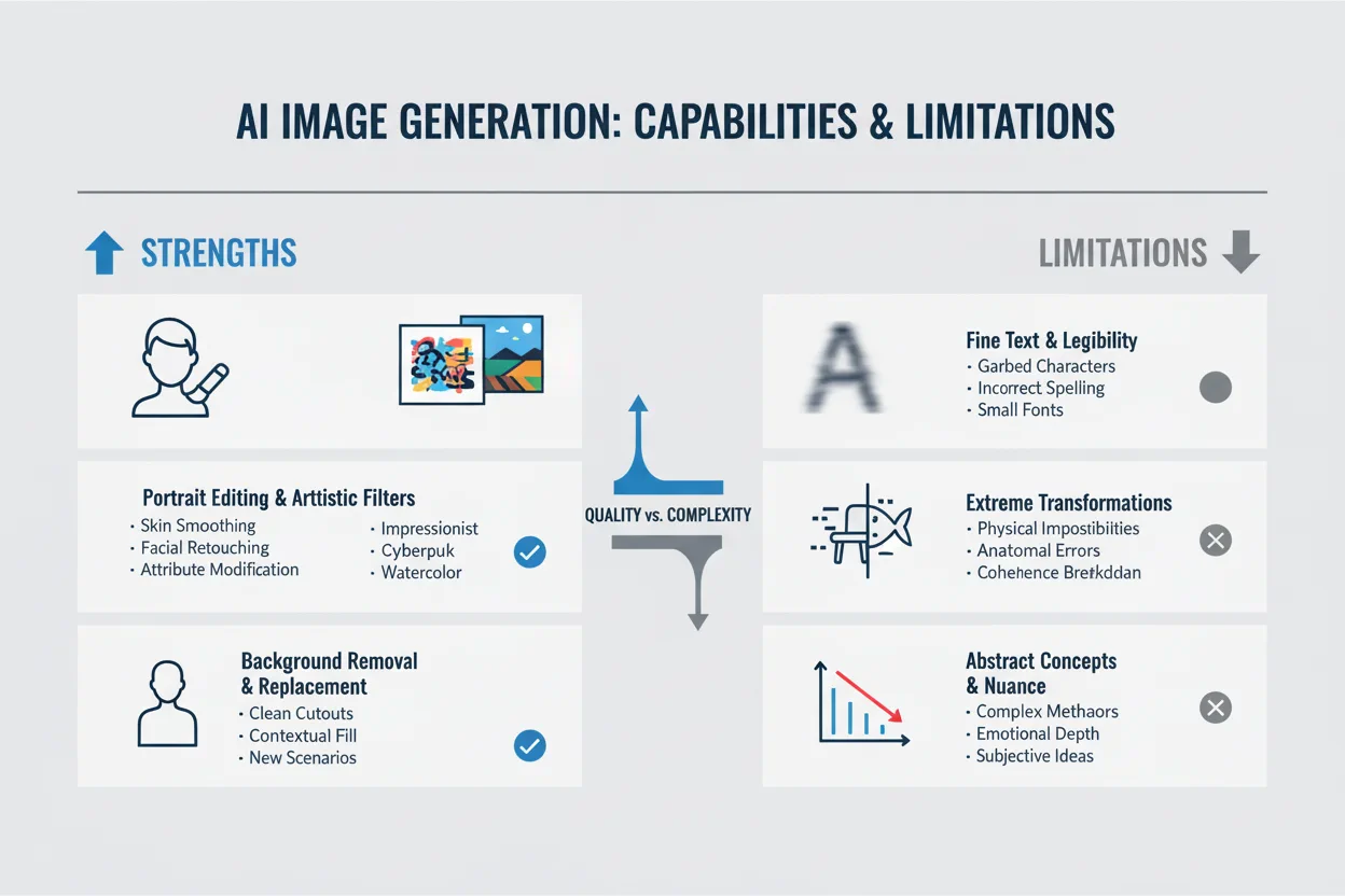 KI-Bildgenerierungsfähigkeiten und Einschränkungen Infografik