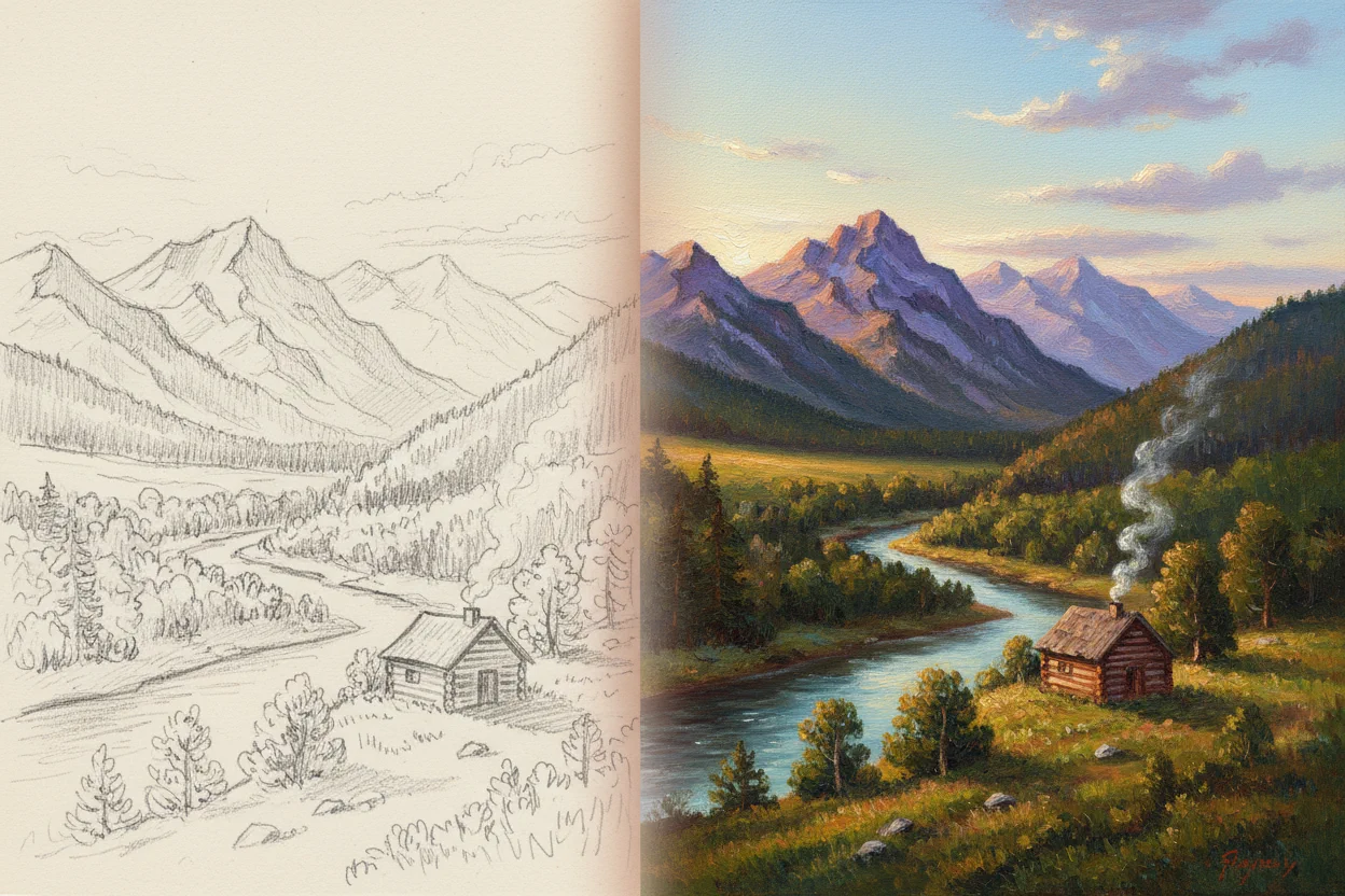 KI verwandelt Bleistiftskizze in farbiges realistisches Kunstwerk