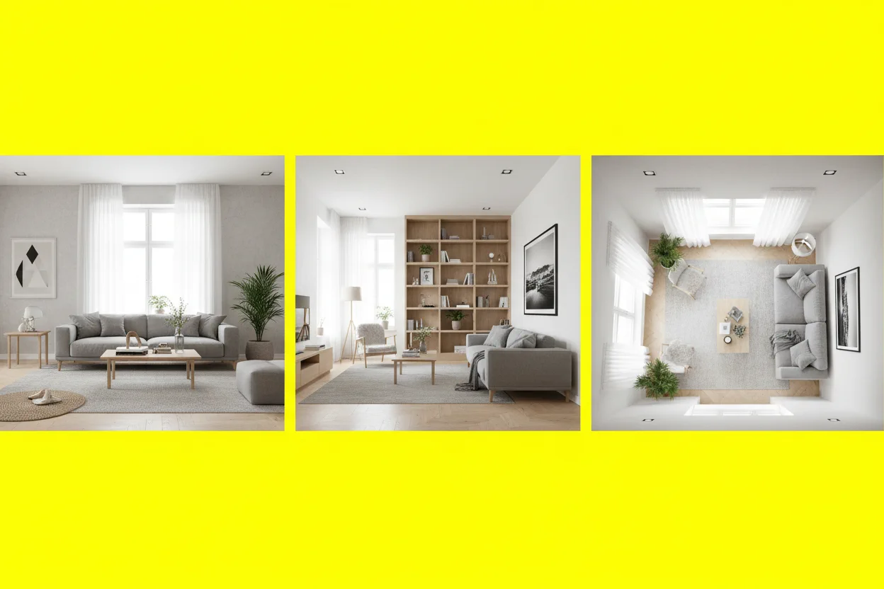 Von KI generierte verschiedene Perspektivwinkel desselben Raums