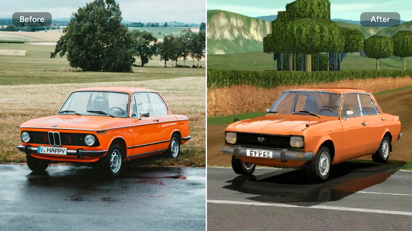 Apply PS2 game filter to orange car photo with before and after comparison