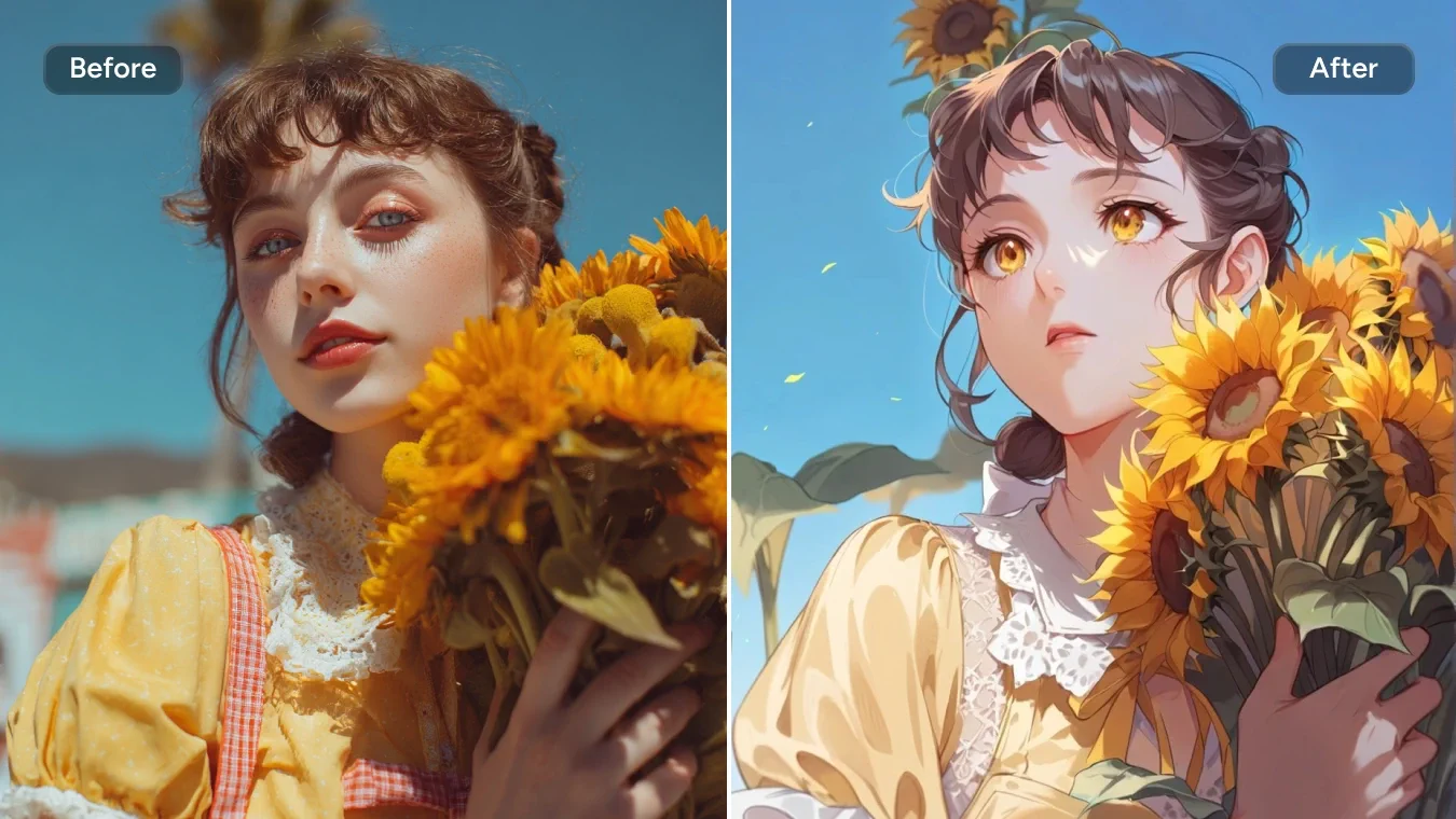 Girl with sunflower transformed with anime filter showing before and after