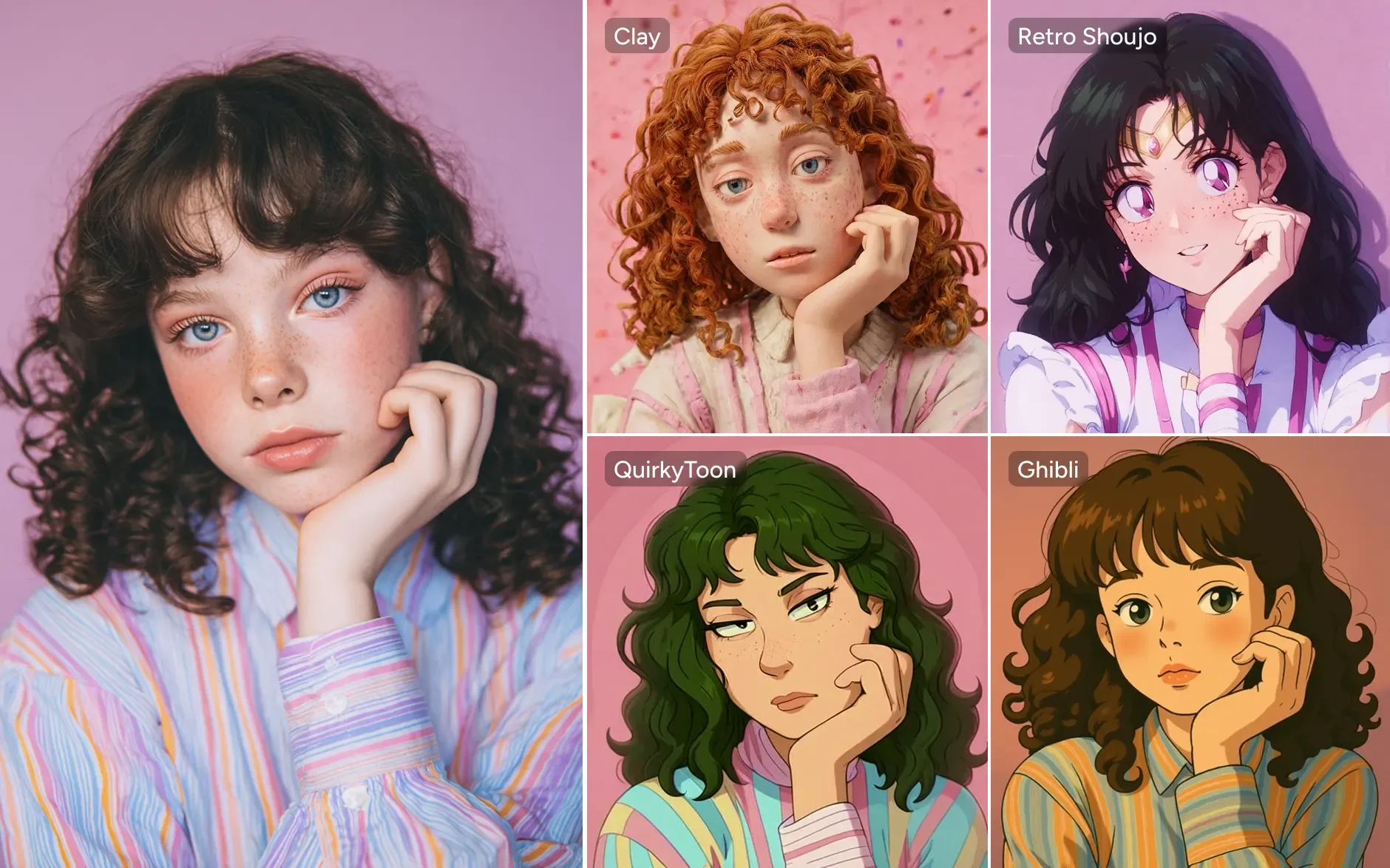 Compare four different AI style filters applied to curly hair girl photo