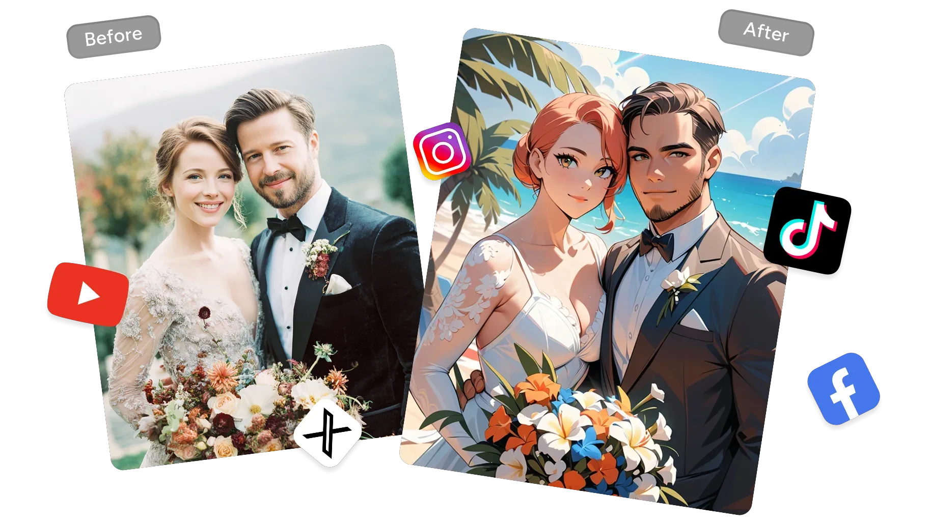 Wedding couple photo with cartoon filter ready to share on social media platforms