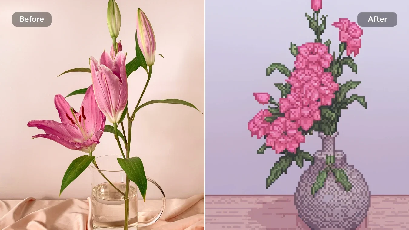 Lily vase transformed with pixel art filter showing before and after