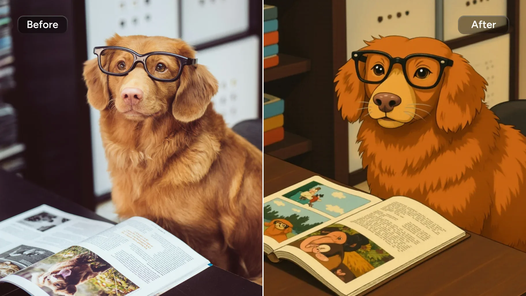 Brown dog with glasses transformed with Ghibli style filter