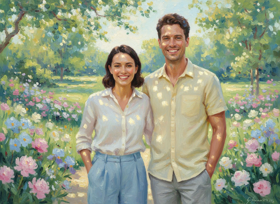 Before and after comparison showing a photo transformed into impressionist painting with dappled light and visible brushstrokes - After